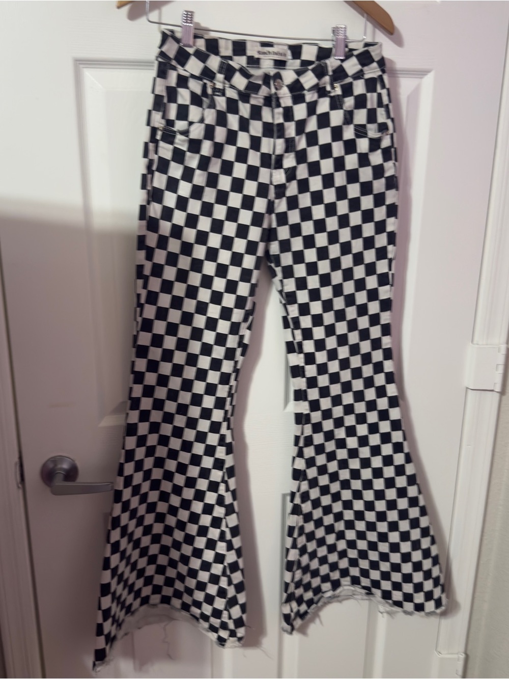 Checkerboard Flare Jeans in Black & White - Unbranded